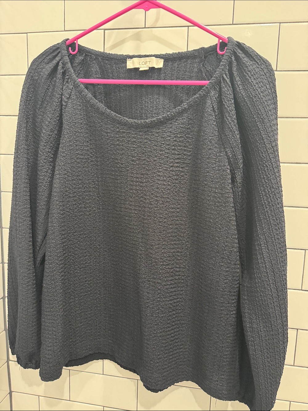 LOFT Black Textured Peasant-Sleeve Blouse